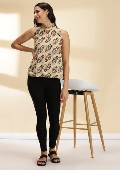 Gaia Elegance - Ruffled Neckline Printed Top