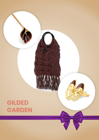 Gilded Garden Self Love Gift Set for Women | Calla Bun Pin, Malai Dori Fringed Bag & Gold Cutwork Ring