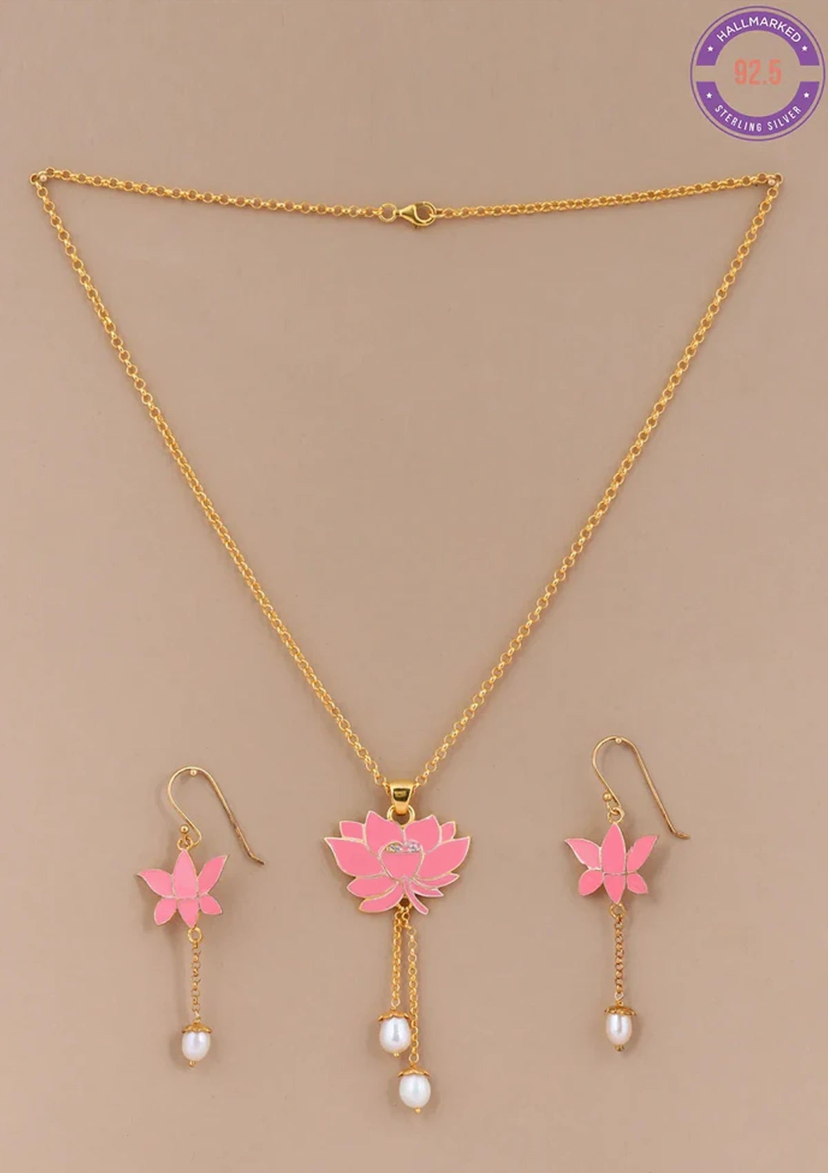 Buy Gold Finish Silver Lotus Pendant Necklace with Earrings online