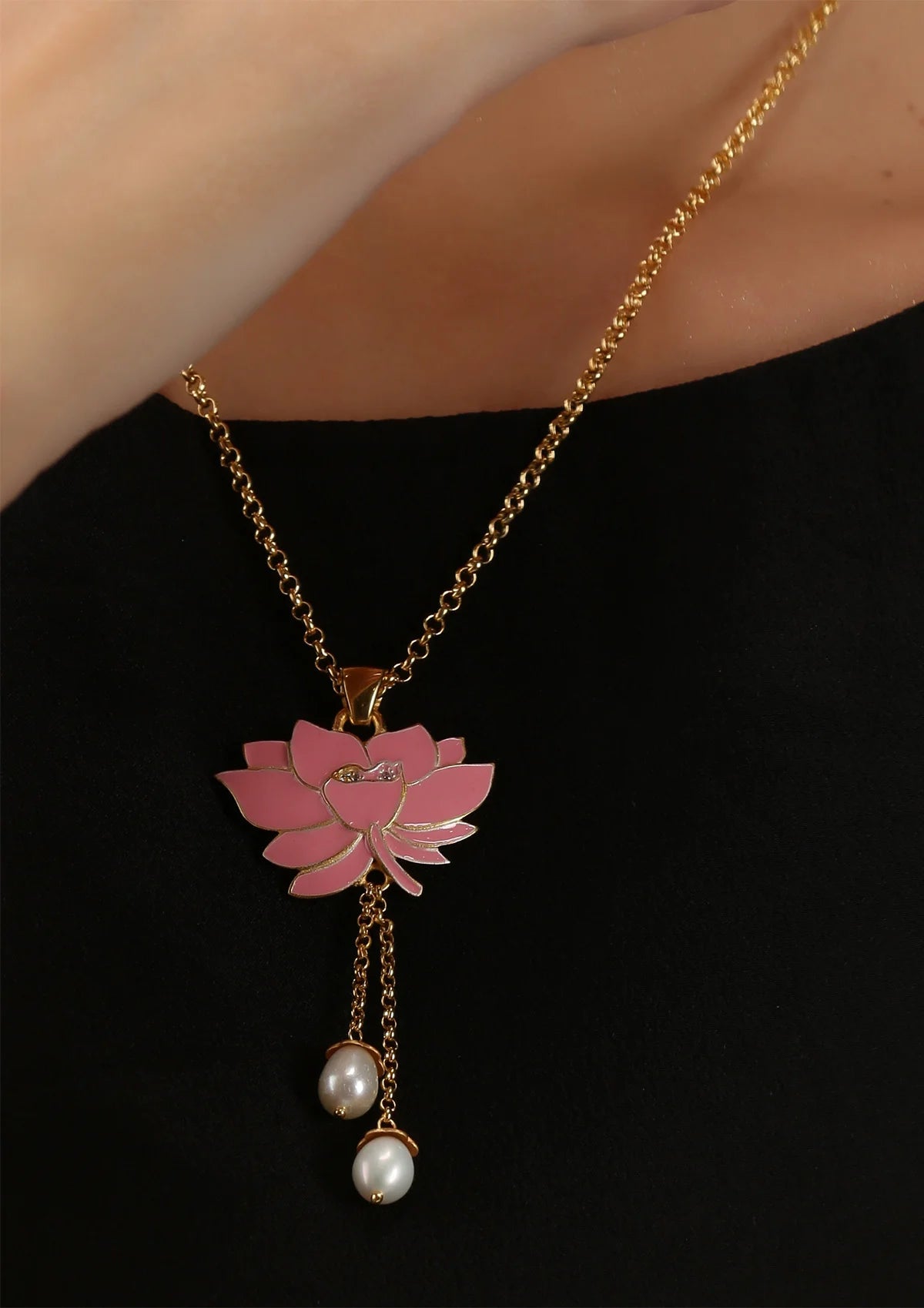 Gold Finish Silver Lotus Pendant Necklace with Earrings price