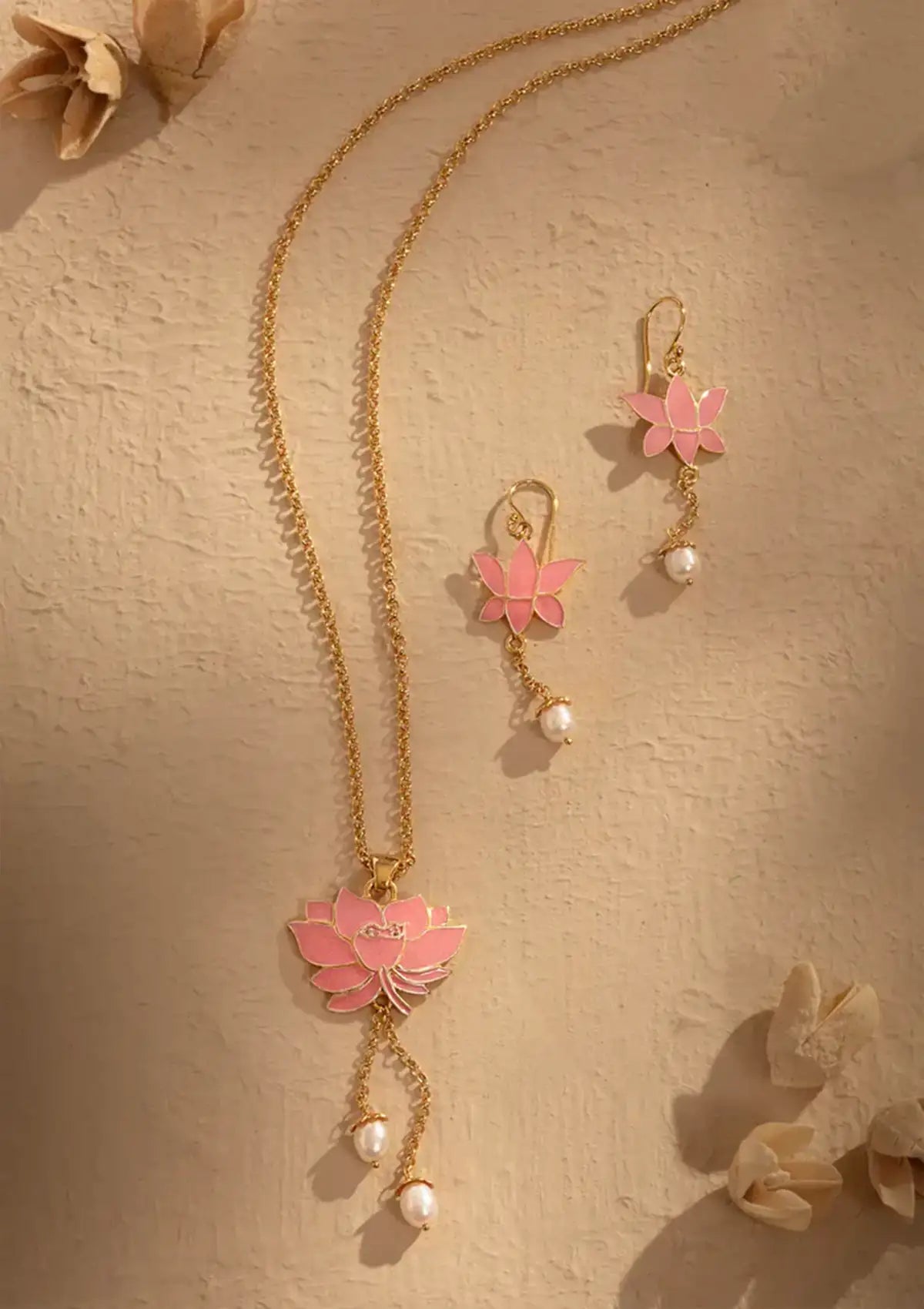 Gold Finish Silver Lotus Pendant Necklace with Earrings