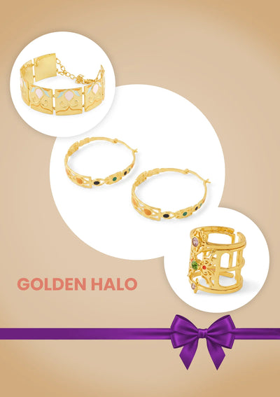 Golden Halo Birthday Gift Set for Her | Enamel Bracelet, Moroccan Hoop Earrings & Stackable Rings