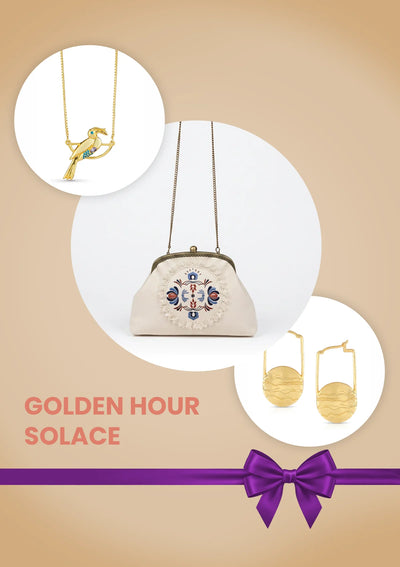 Golden Hour Solace Graduation Gift for Her | Handheld Clutch & Sling Bag, Bird Pendant & Marble Hoops