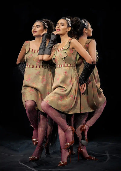 Verdant Veil - Green Embellished Midi Dress