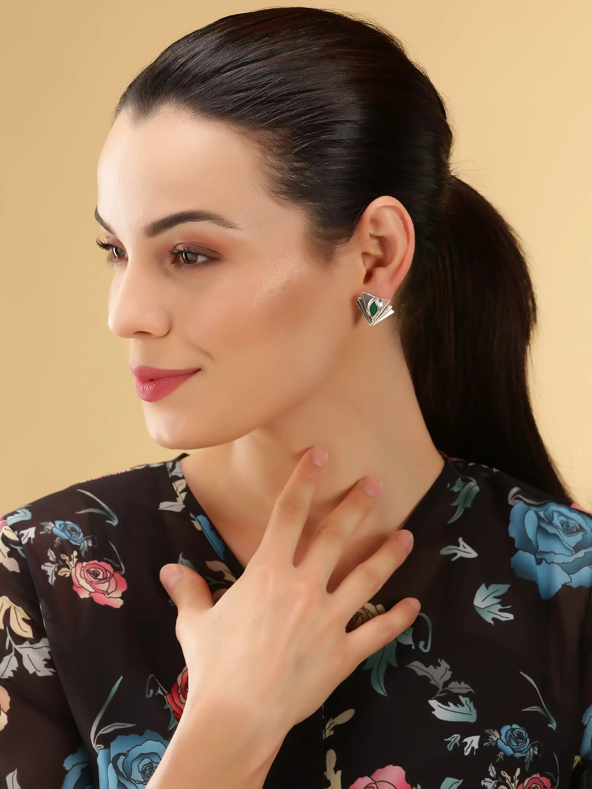 Online Green Onyx Layered Statement Stud for women