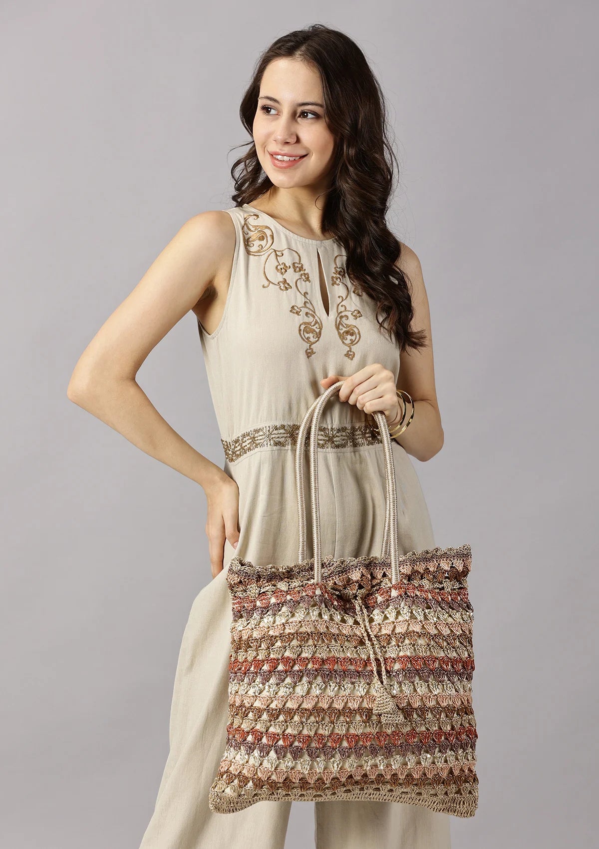 Handcrafted Crochet Tote Cum Potli Handbag - Beige Online
