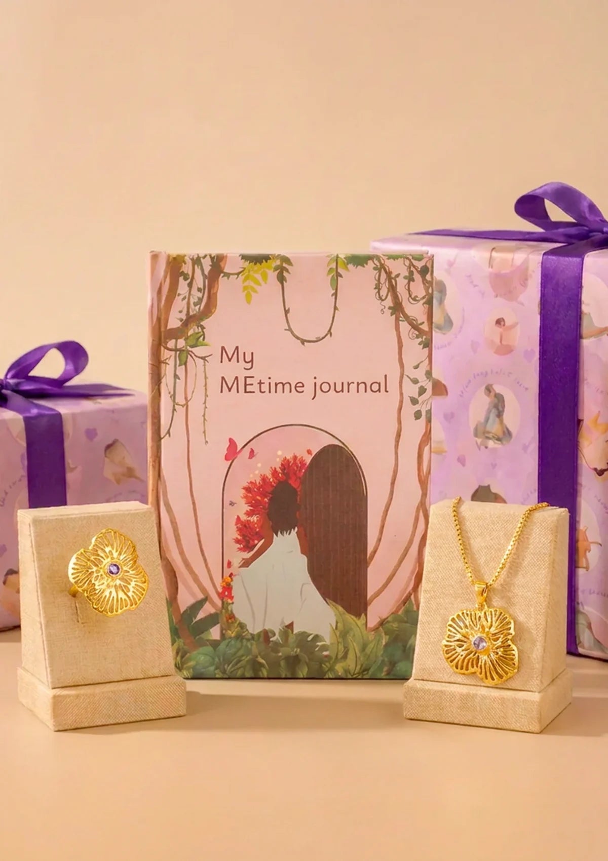Happiness Wrapped Gift Set for Her | MEtime Journal, Amethyst Pendant & Amethyst Statement Ring
