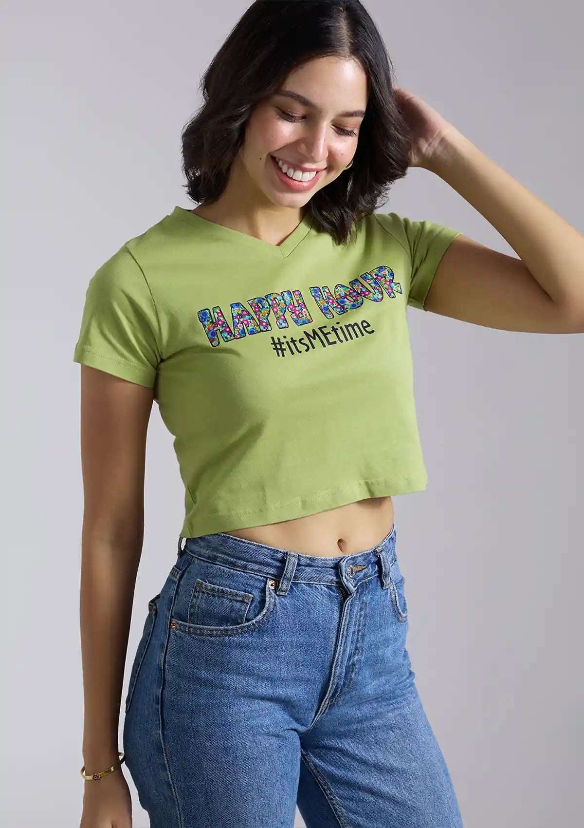 Happy Hour V Neck Green Women Crop Tops