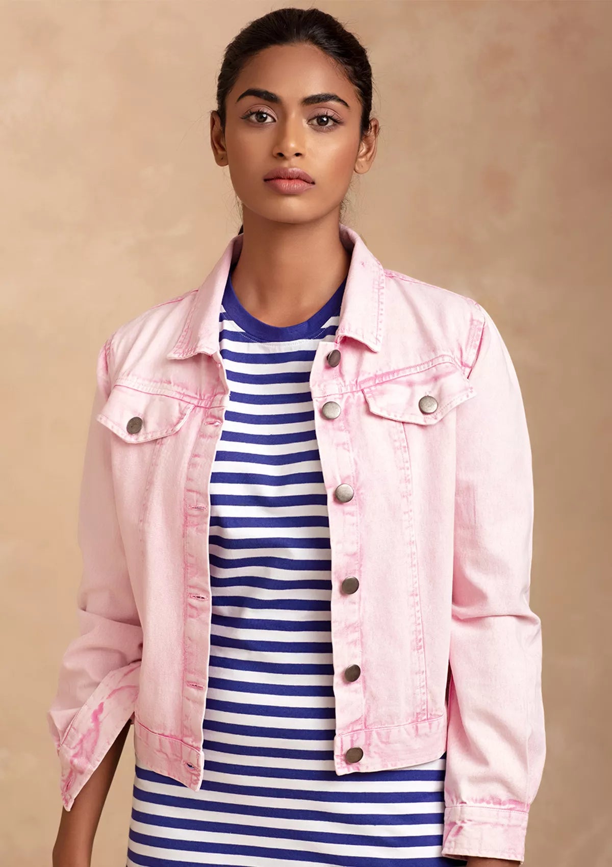 Pink Jeans Jacket for Women - Buy Pink Denim Jacket and Blue Striped Dress  For Women