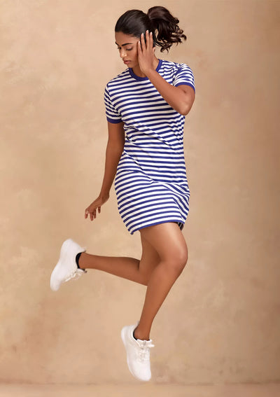 Hayley - Pink Denim Jacket with Blue Striped Dress