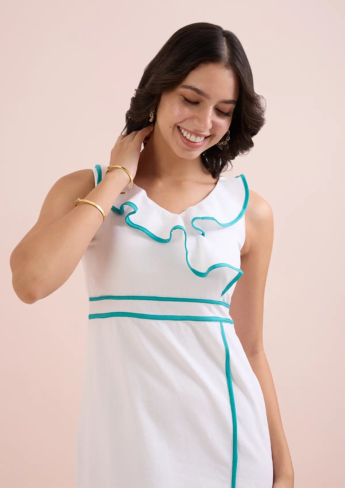 Ice Queen-Ruffle Neck White Dress For Women