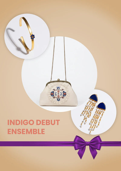 Indigo Debut Graduation Gift for Her | Blue Tassel Earrings, Neon Bracelet & Embroidered Clutch