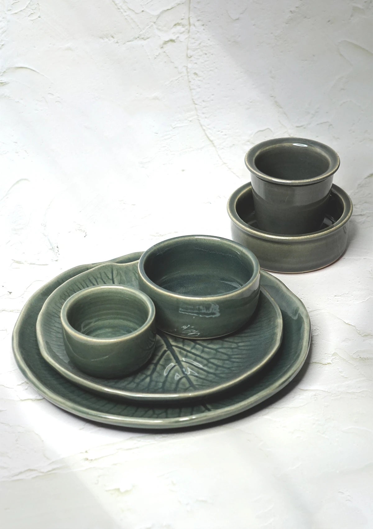IshqME's Graceful Dining and Morning Delight Combo: Grey Green Ceramic Serving Set & Grey Coffee Set