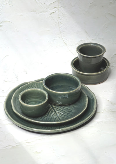 IshqME's Graceful Dining and Morning Delight Combo: Grey Green Ceramic Serving Set & Grey Coffee Set