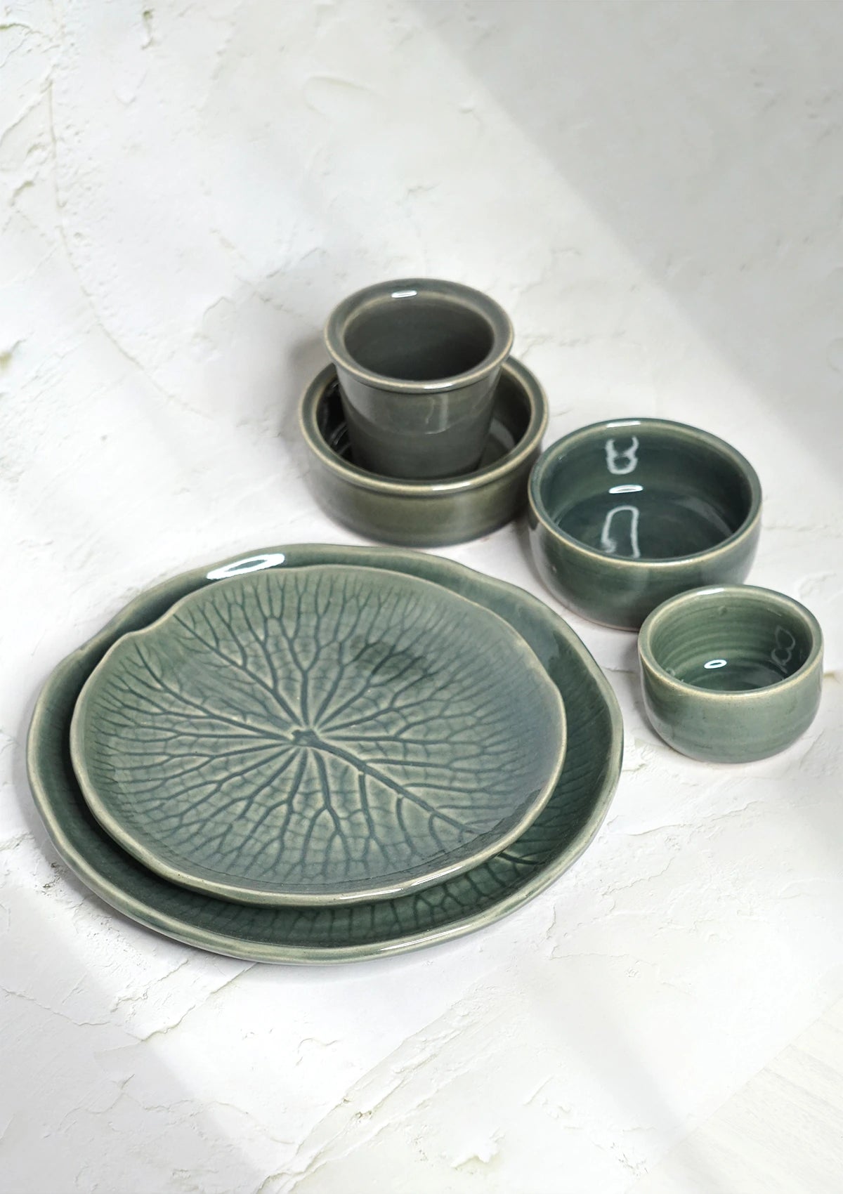 IshqME's Graceful Dining and Morning Delight Combo: Grey Green Ceramic Serving Set & Grey Coffee Set