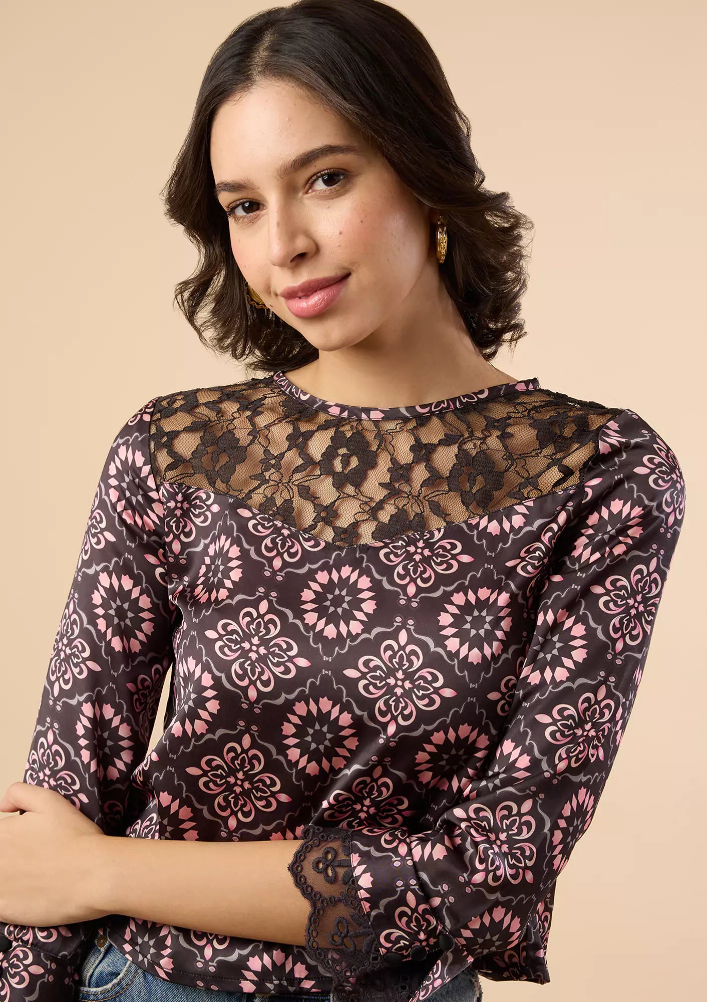 Jamila - Moroccan printed Lace Accent Blouse Online