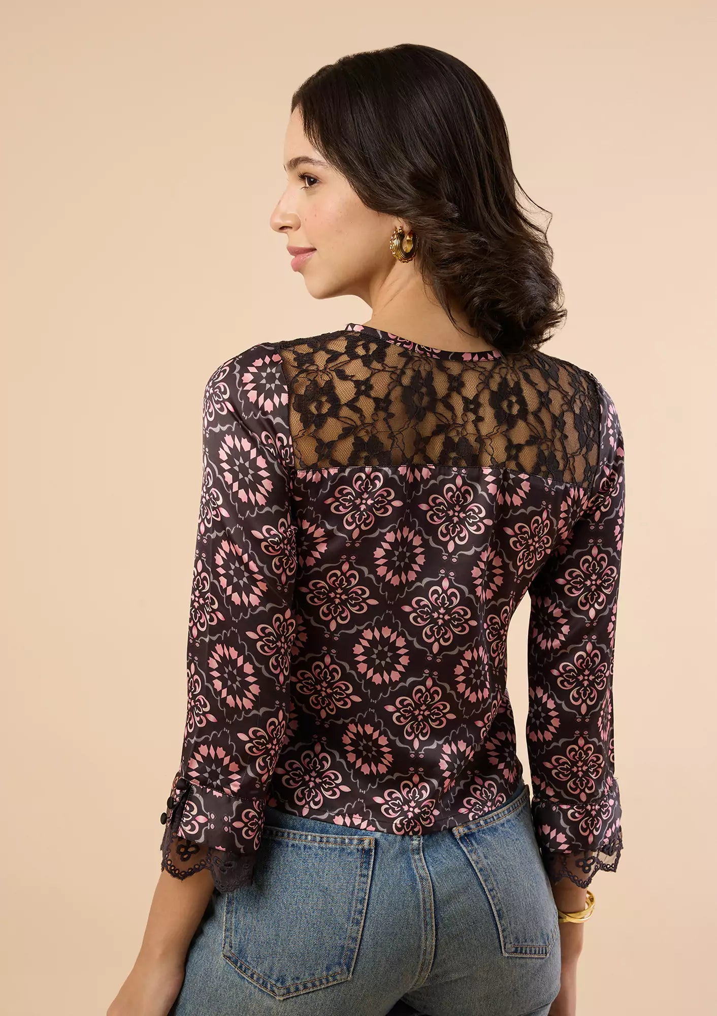 Jamila - Moroccan printed Lace Accent Blouse Price