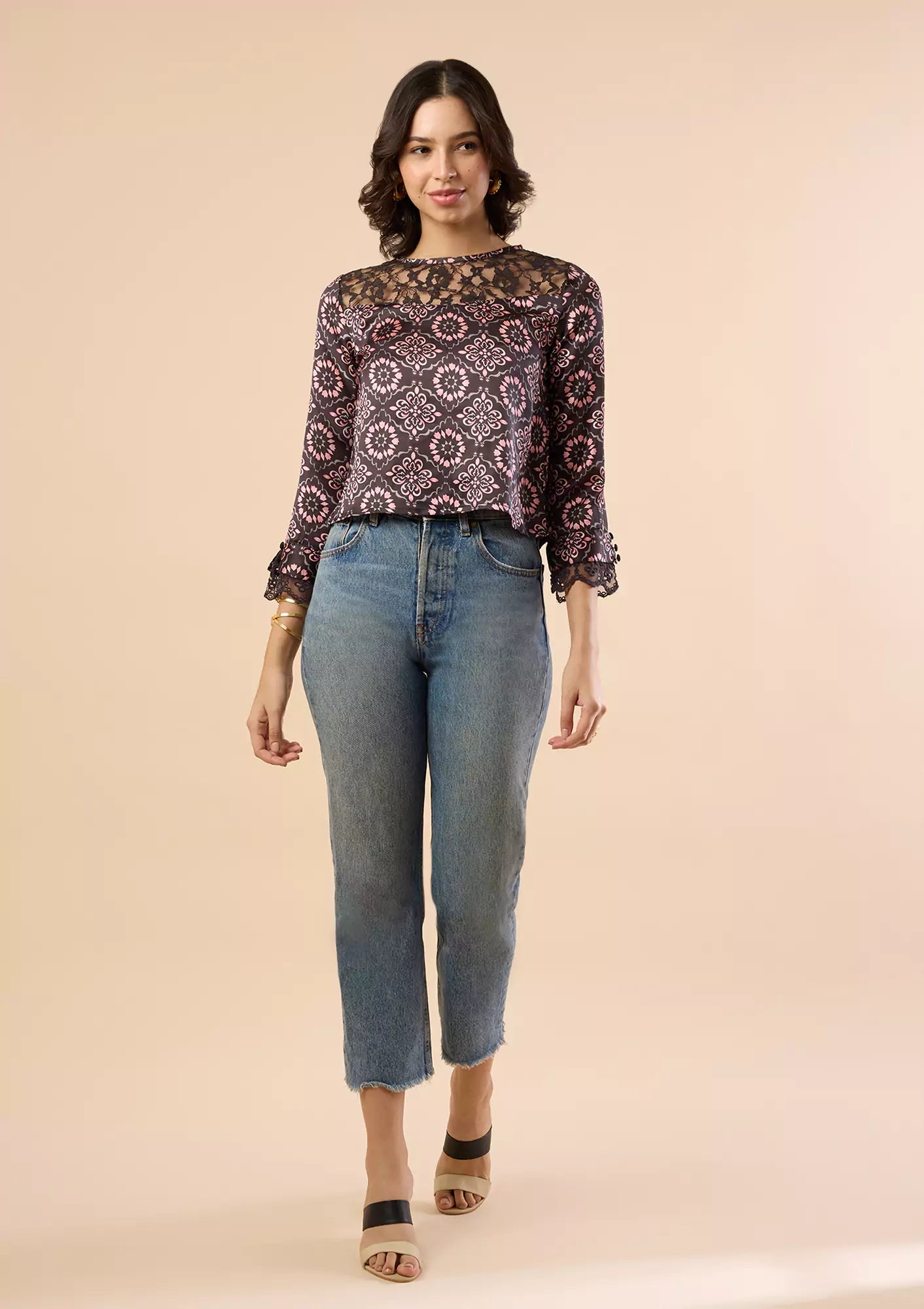 Jamila - Moroccan printed Lace Accent Blouse For Women