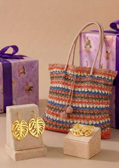 Little Luxuries Gift Set for Her | Handcrafted Crochet Tote, Leaf Hair Clip & Leaf Earrings
