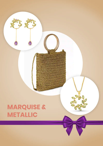 Marquise & Metallic Festive Gift Set for Her | Peridot Pendant Necklace, Amethyst Earrings & Metallic Bag