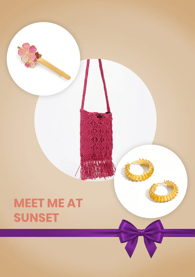 Meet Me at Sunset Date Night Gift Set for Her | Pink Crochet Bag, Garnet Hair Slide & Wavy Hoops