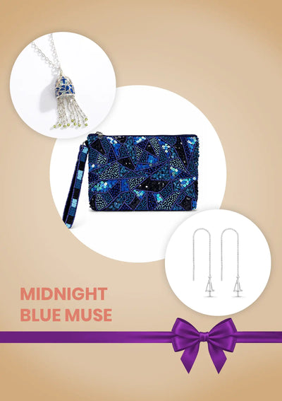 Midnight Blue Muse Self Love Gift Set for Women | Blue Beaded Clutch, Threader Earrings & Blue Enamel Necklace
