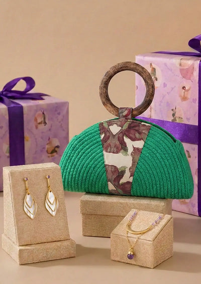 Modern Glam Birthday Gift Set for Her | Crochet Clutch, Amethyst Necklace & Leaf Drop Earrings