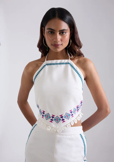 Neva - Aztec Embroidered Tie-up Top & Pants set