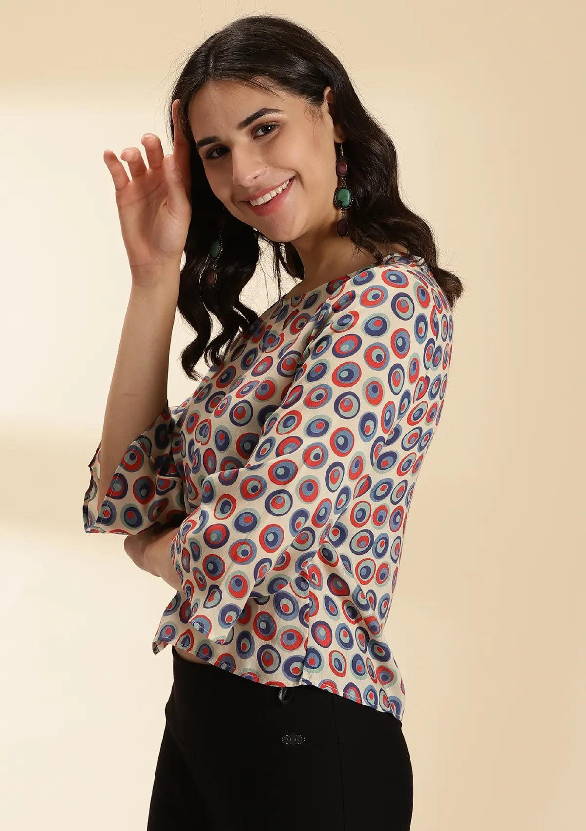Oia - Printed Flared Sleeve Top