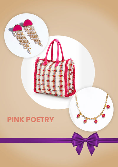 Pink Poetry Birthday Gift Set for Her | Fringe Tote Bag, Neon Tassel Earrings & Flower Charm Bracelet