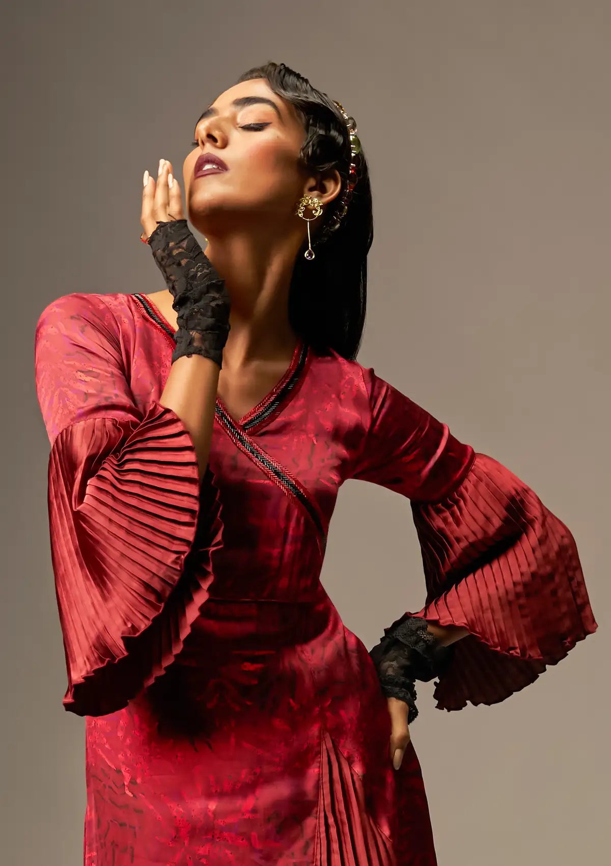 Lush Vino - Pleated embellished Satin Party Dress Online