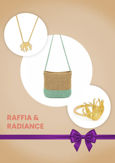 Raffia & Radiance Self Love Gift Set for Women | Flower Pendant Necklace, Flower Ring & Raffia Sling Bag