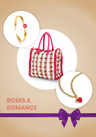 Roses & Romance Date Night Gift Set for Her | Fringed Tote Bag, Flower Bracelet & Heart Pendant Necklace