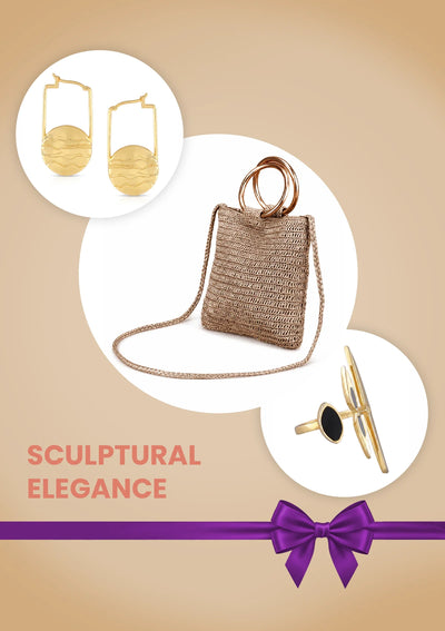 Sculptural Elegance Self Love Gift Set for Women | Gold Party Bag, 18K Gold Ring & Marble Hoop Earrings