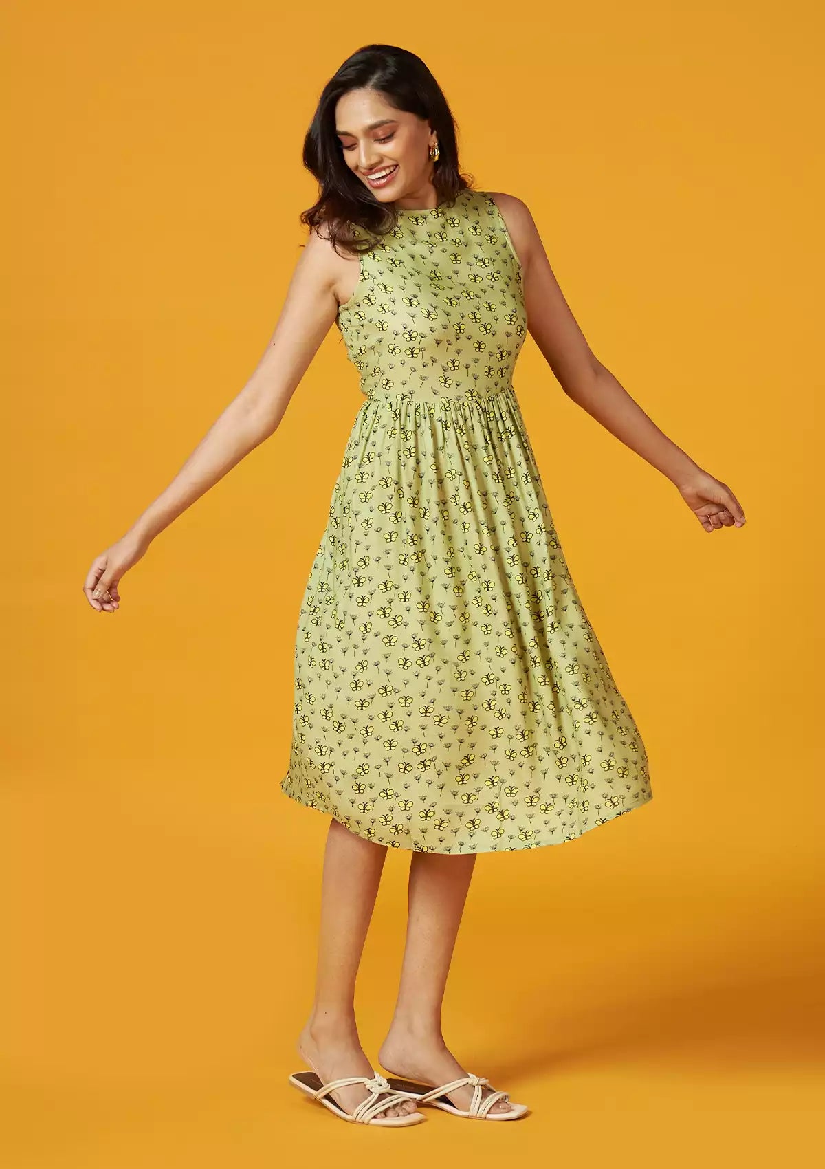 Serene Meadow - Retro Printed A-line Dress For Women