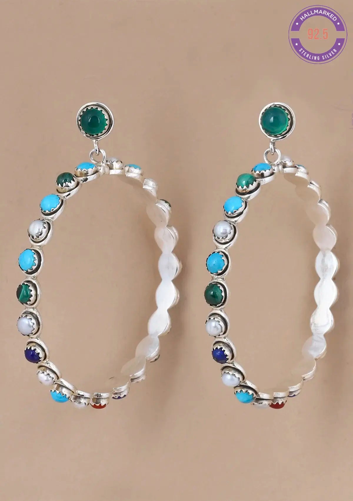 Buy Silver Hoop Earrings studded with natural gemstones