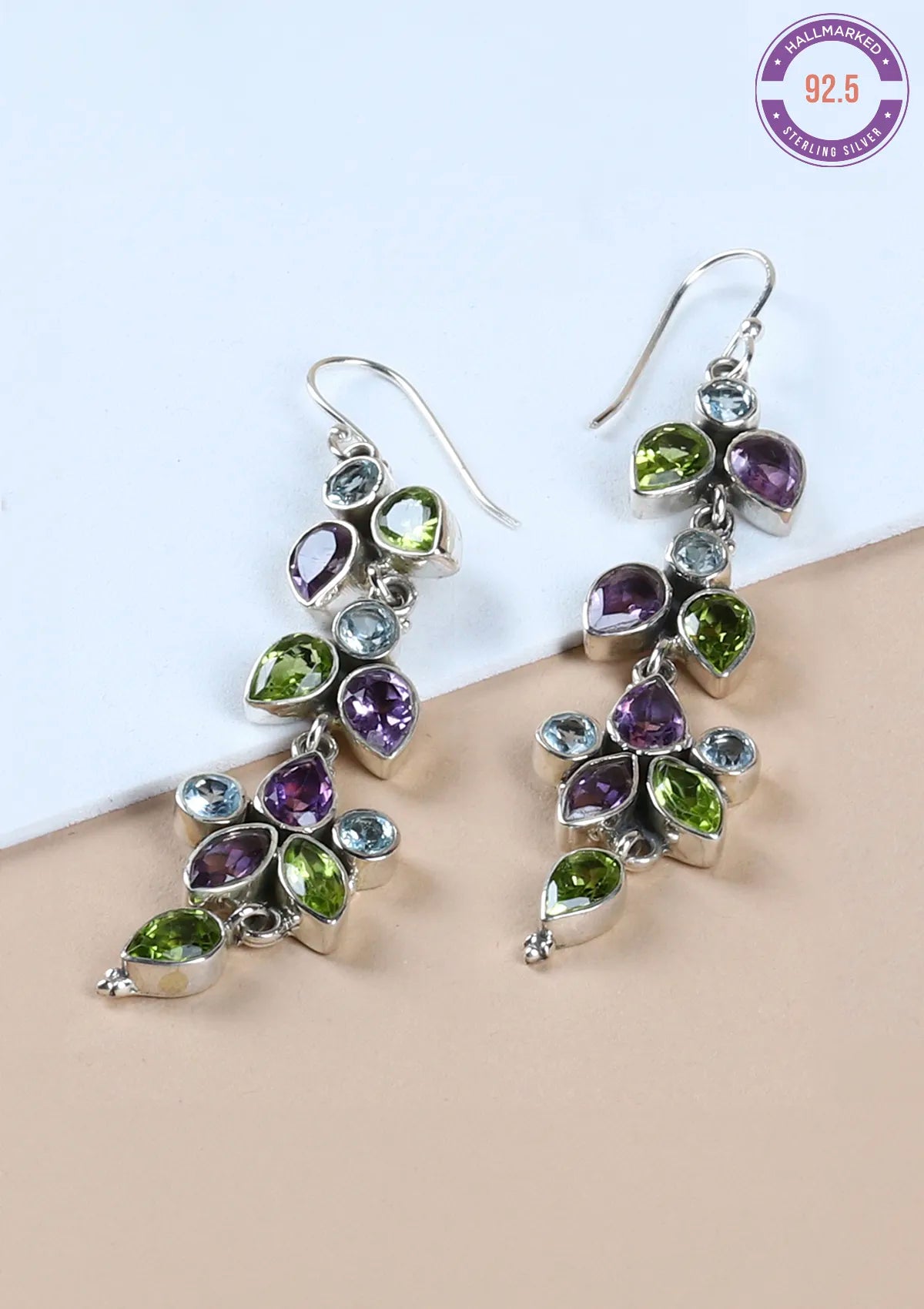 Silver Multi Stone Earring - Blue topaz, Peridot and Amethyst online