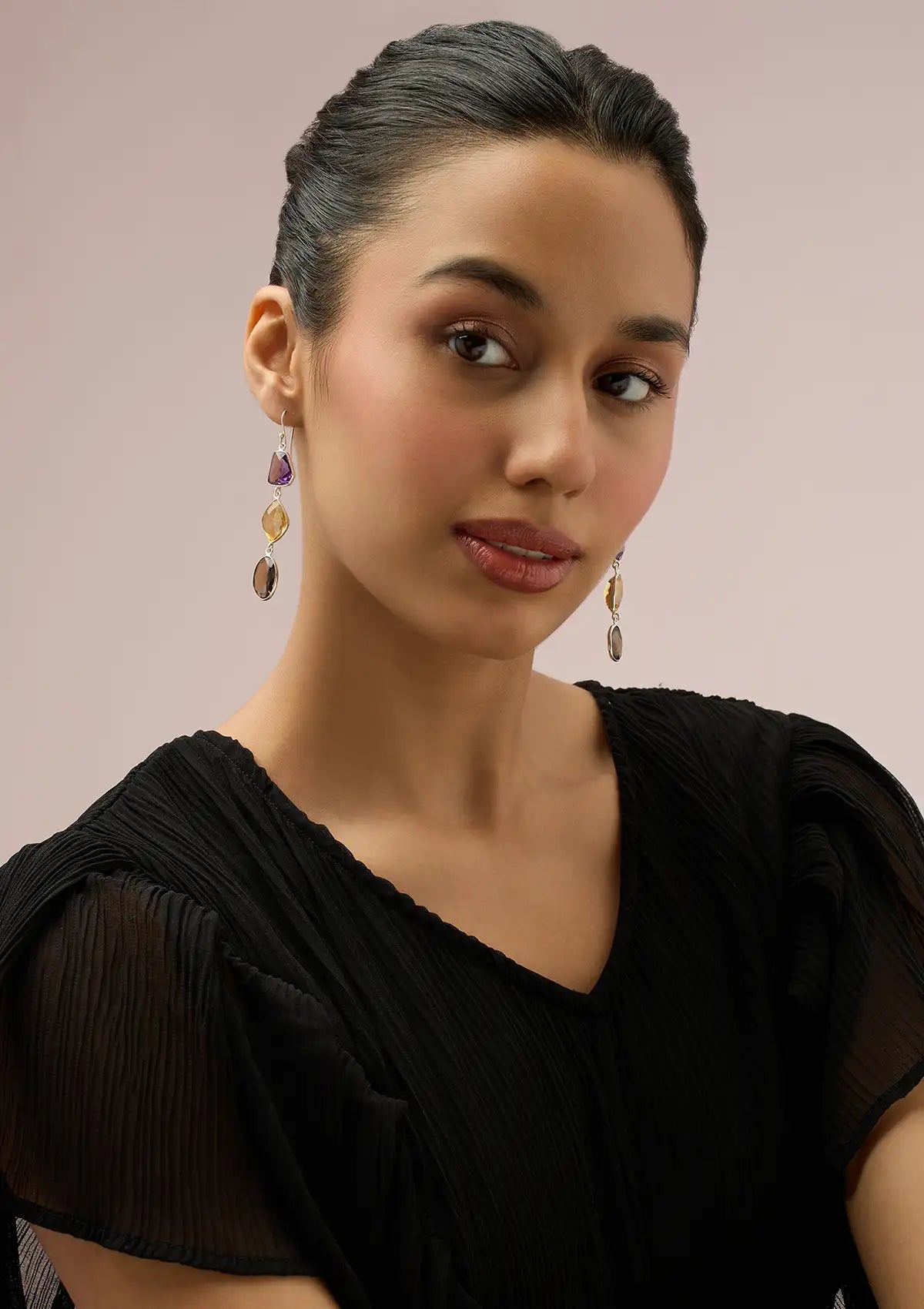 Silver Multicolour Stone Earrings - Amethyst, Citrine and Smokey Topaz