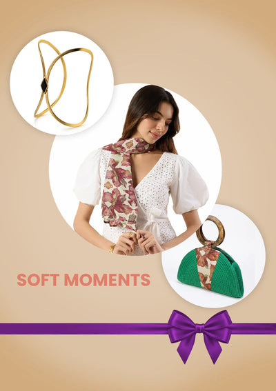 Soft Moments Gift Set for Her | Hand-Braided Clutch, Printed Scarf & Black Enamel Cuff Bracelet