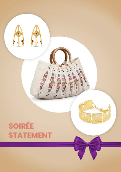 Soiree Statement Self Love Gift Set for Women | Embroidered Clutch, Enamel Hoop Earrings & Enamel Bracelet