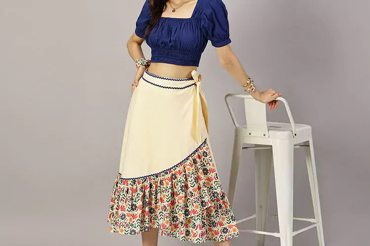 Tequila Tango Set -Shirred Navy blue Top Floral printed tiered wrap skirt - IshqME