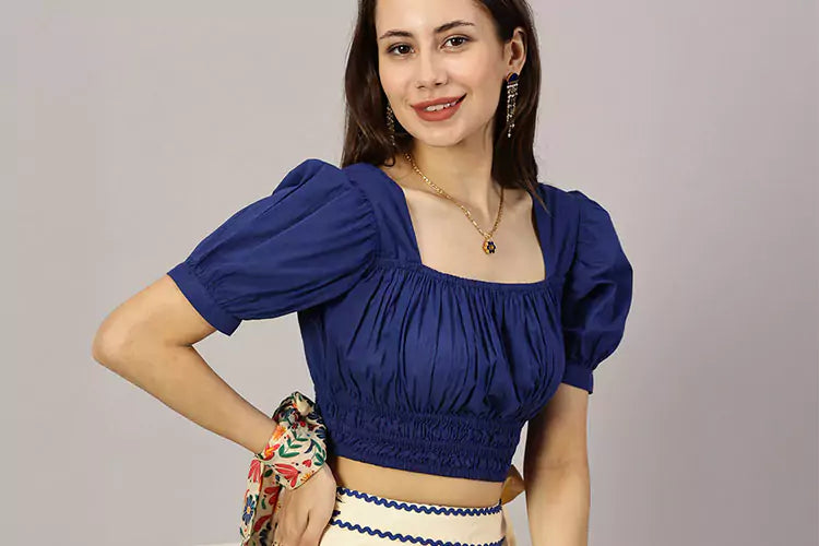 Tequila Tango Set -Shirred Navy blue Top Floral printed tiered wrap skirt - IshqME