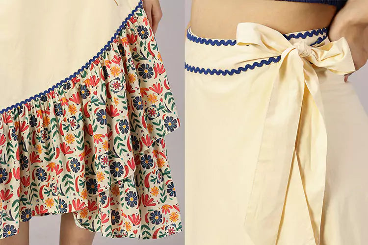 Tequila Tango Set -Shirred Navy blue Top Floral printed tiered wrap skirt - IshqME