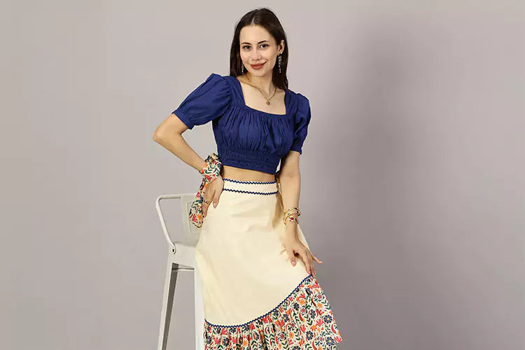 Tequila Tango Set -Shirred Navy blue Top Floral printed tiered wrap skirt - IshqME
