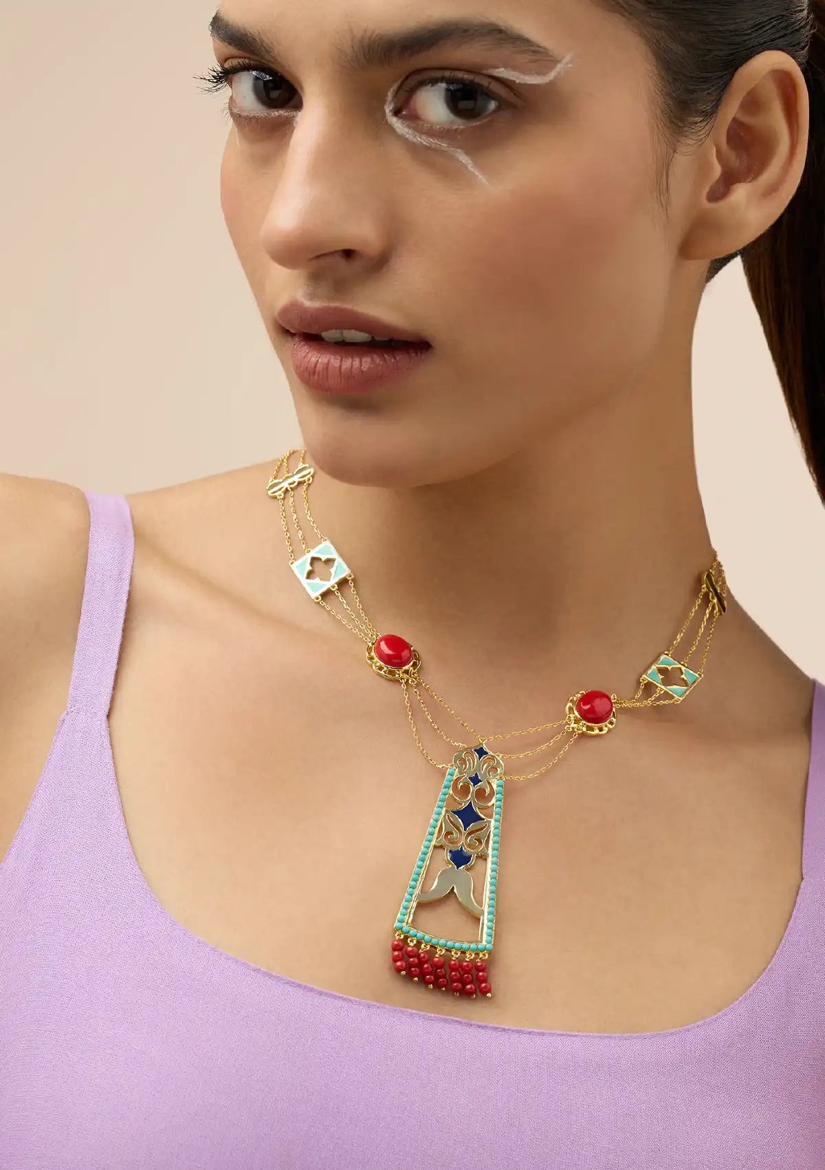 Turquoise and Coral Studded Enamel Necklace