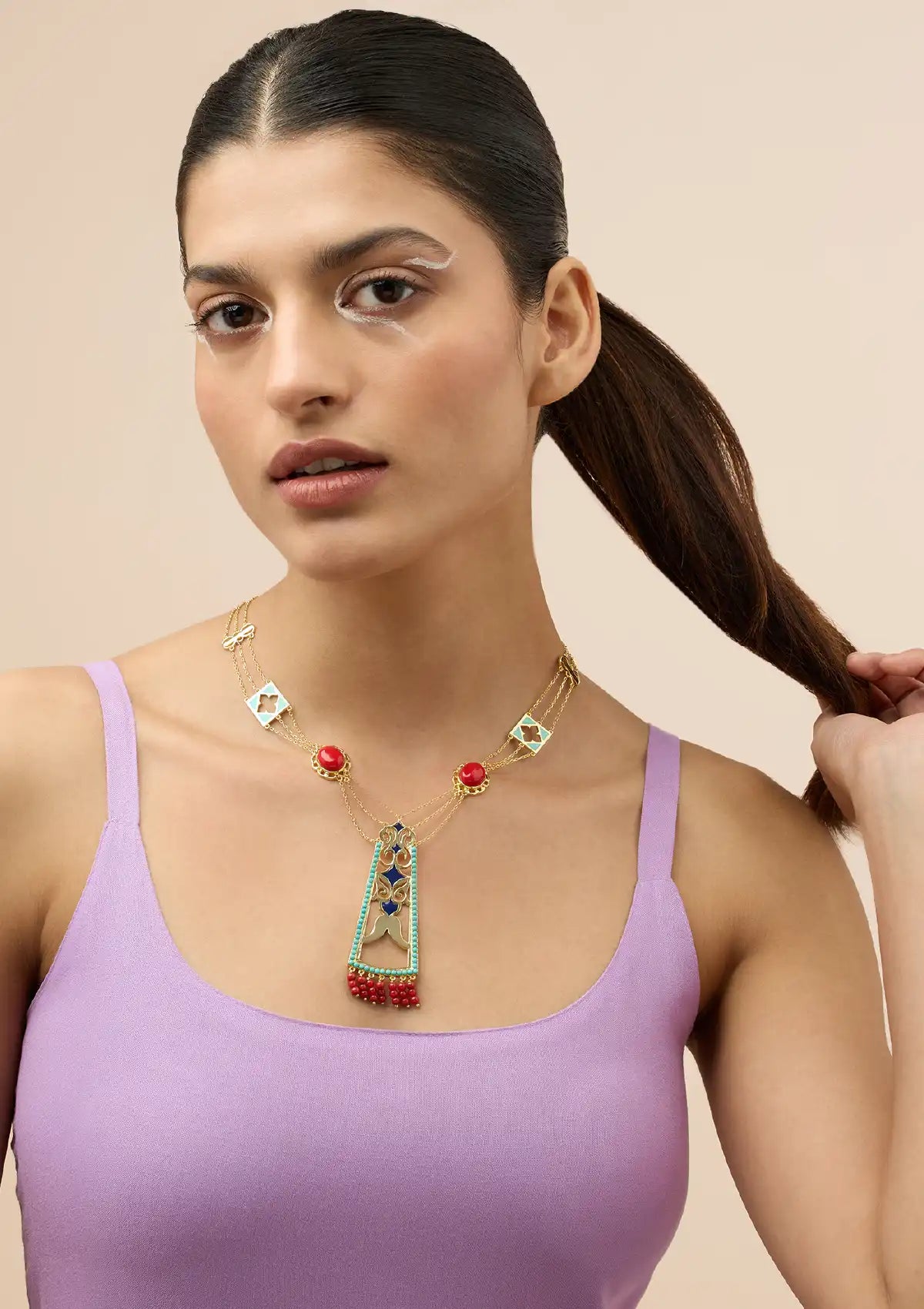 Turquoise and Coral Studded Enamel Necklace Price