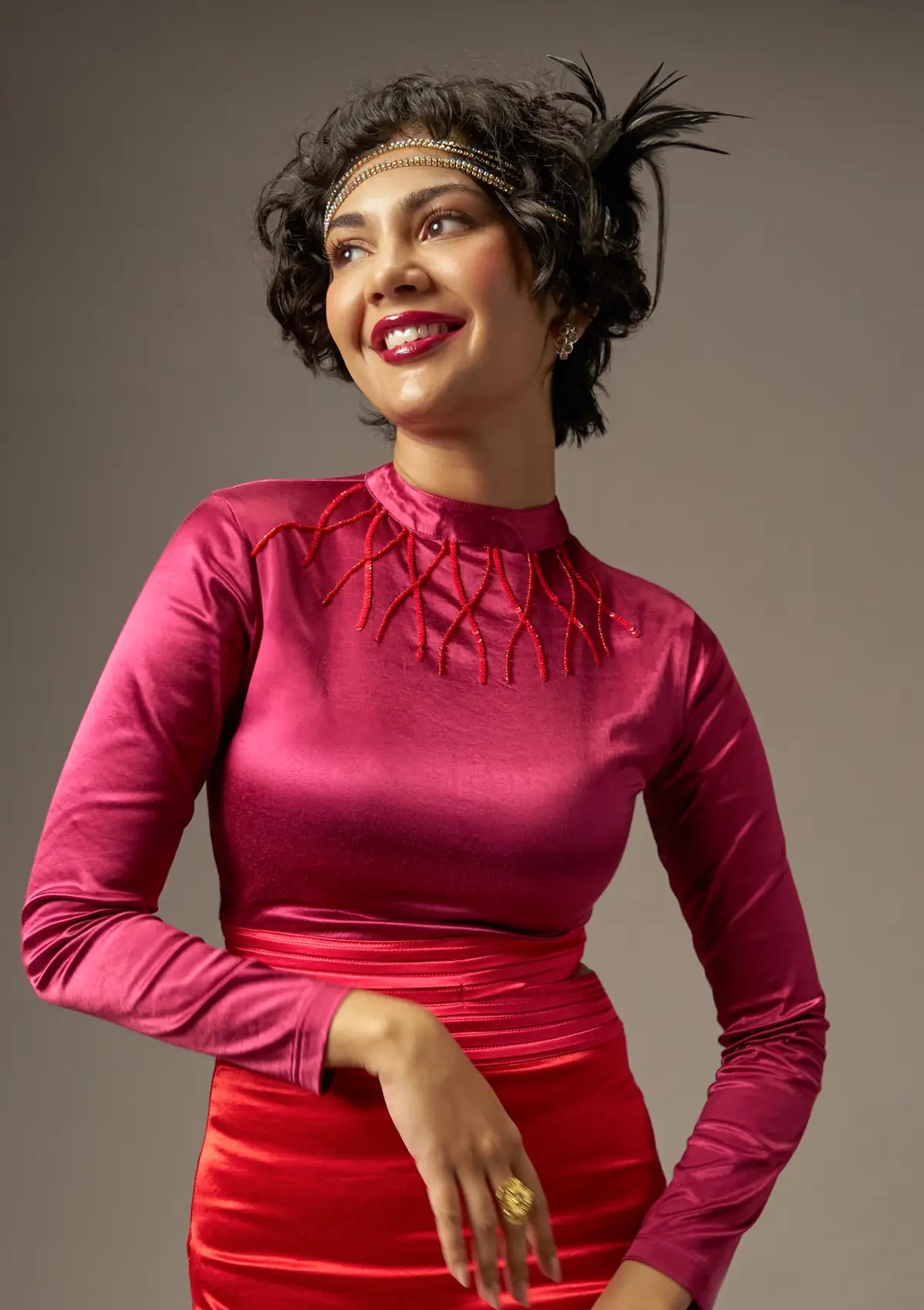 Buy Berry Crush - Velvet Vines Embellished Cocktail Dress