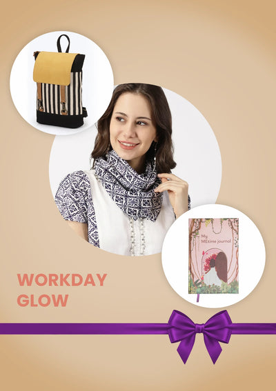 Workday Glow Corporate Gift Set for Women | Leather Laptop Backpack, MEtime Journal & Printed Scarf