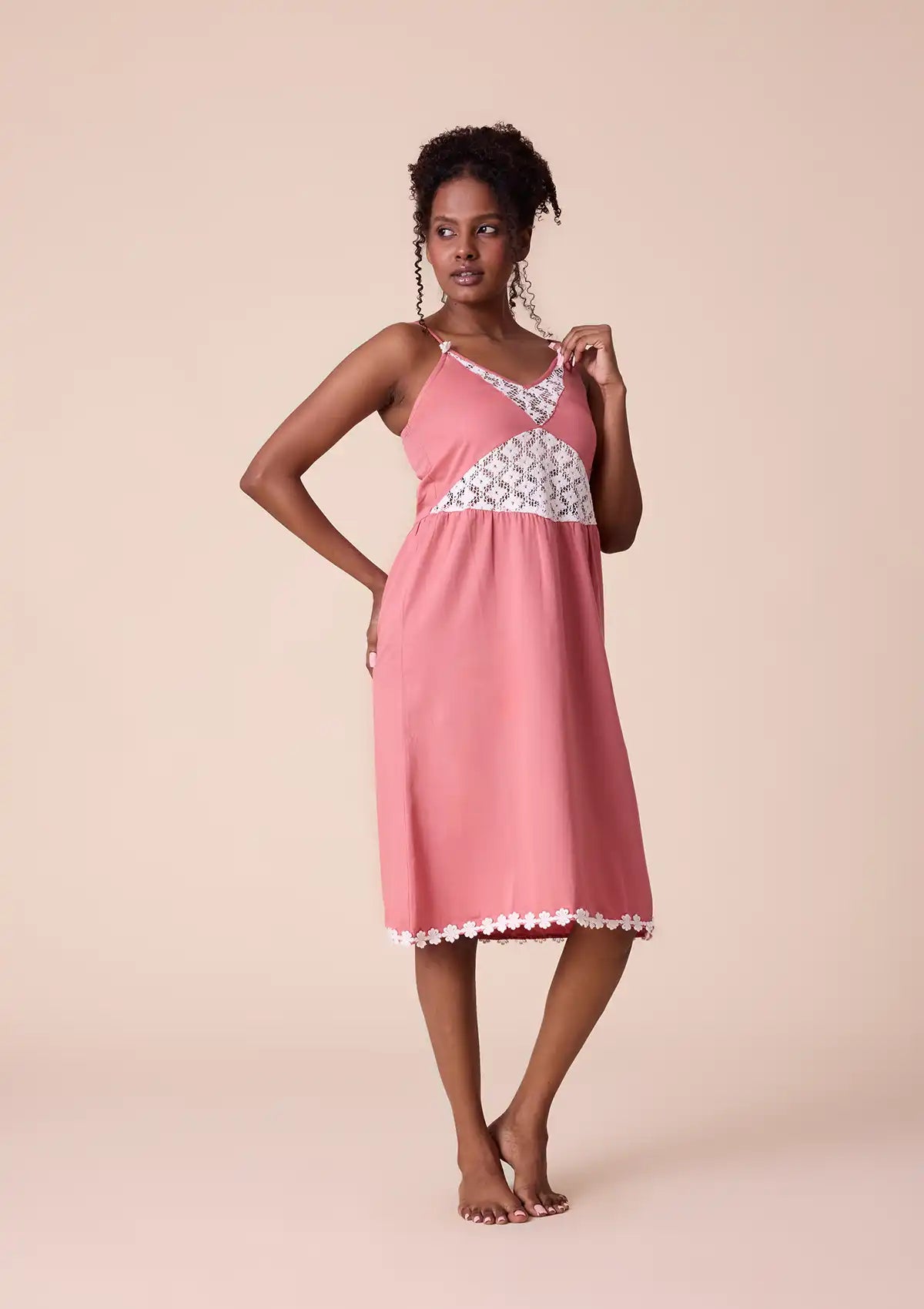 Aphra strap dress with lace panel and floral lace at hem Price
