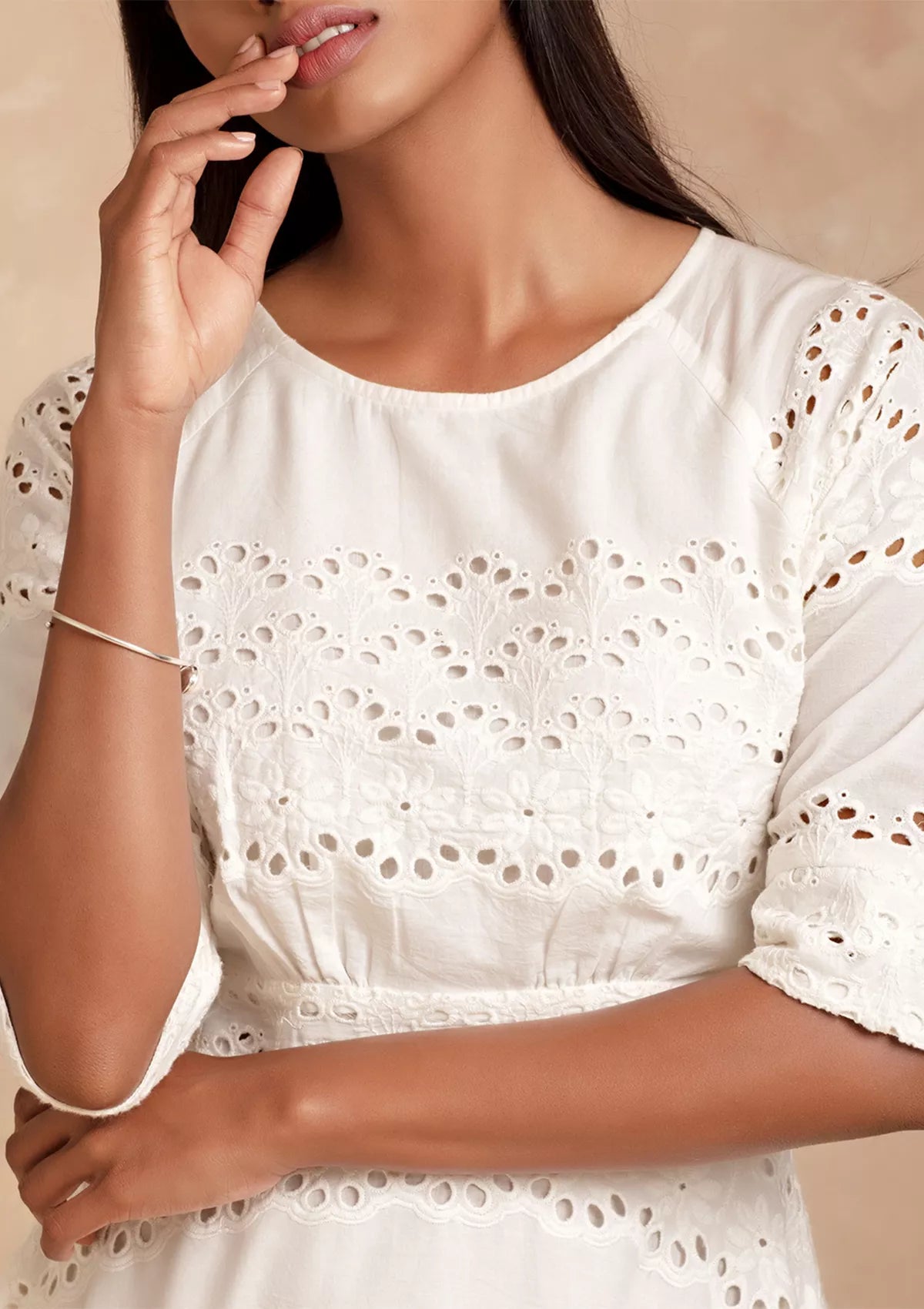 Astra Charming White Schiffli Dress price for women at IshqME